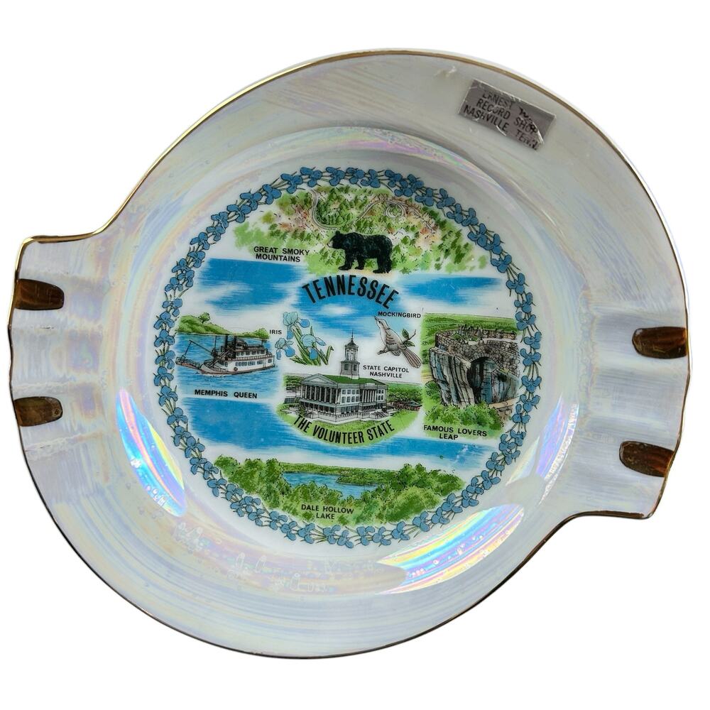 Tennessee Souvenir Ashtray White Opalescence Gold Tone Trim Mid Century Ceramic